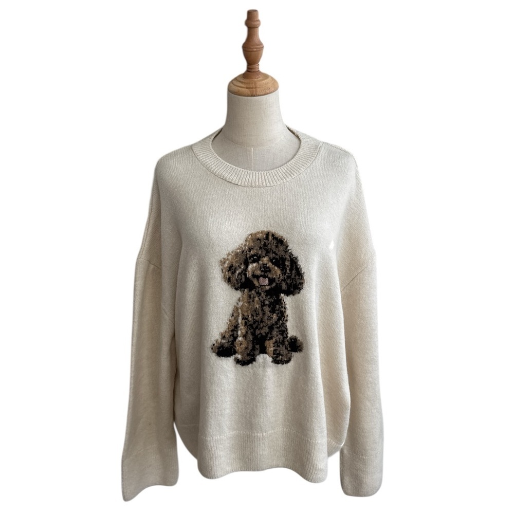 Anthropologie Maeve Crew Neck Dog Icon Pullover Sweater Neutral Doodle Size XL - Picture 2 of 11